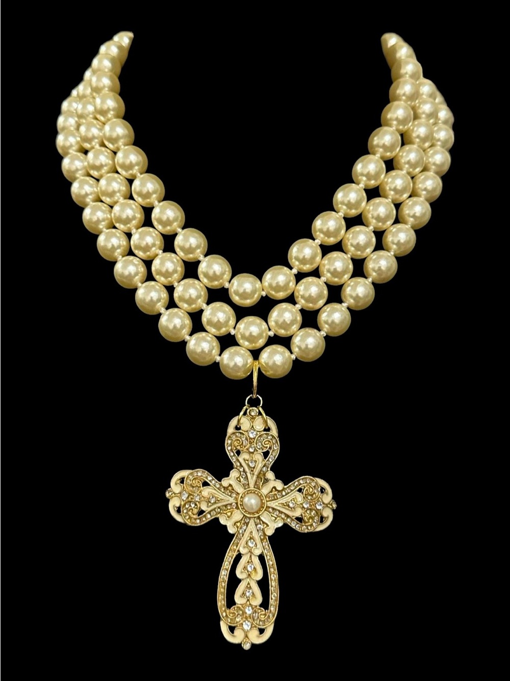 Gold Pearl Multi-Strand Necklace with Ornate Cross Pendant